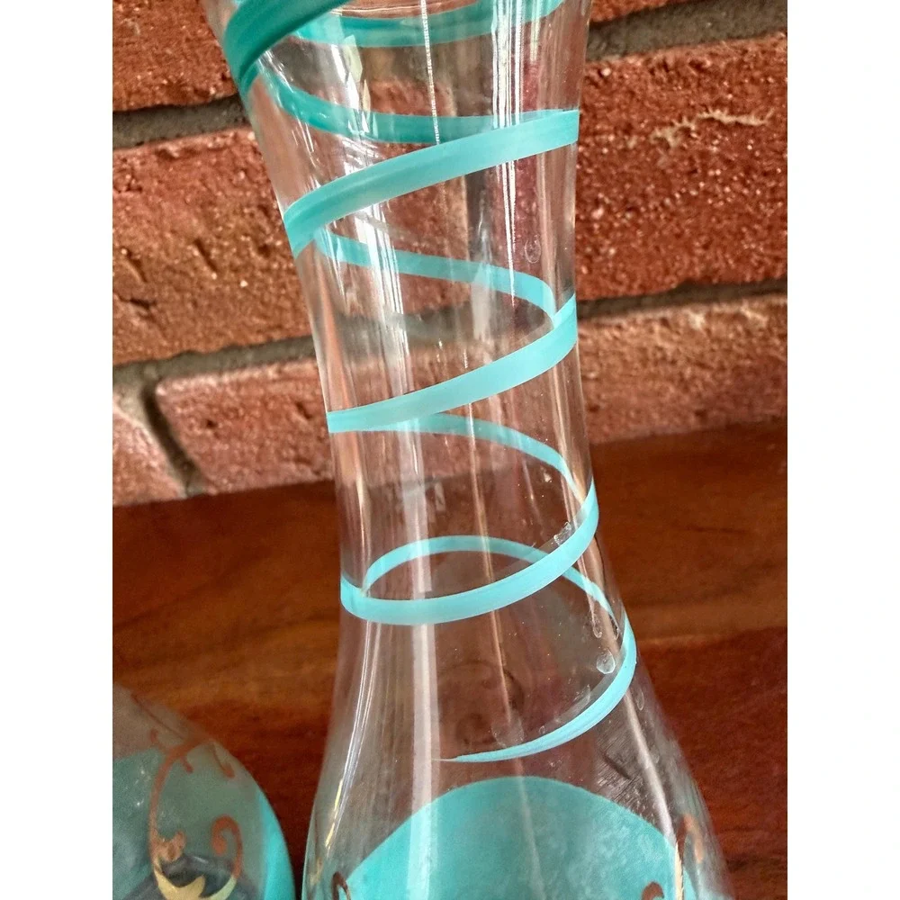 Vintage Midcentury Art Glass Vases – Aqua Spiral Swirl, Gold Scroll Accents